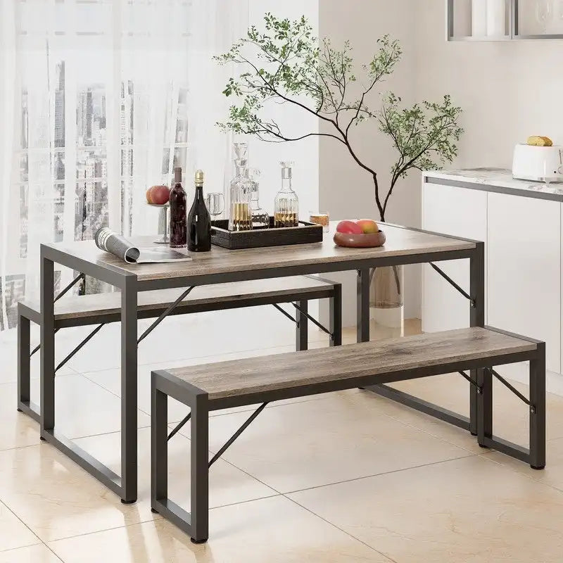 55Ensemble de table de salle à manger pour 4-6 personnes - Ensemble de table de salle à manger industrielle de 3 pièces avec 2 bancs pour la cuisine