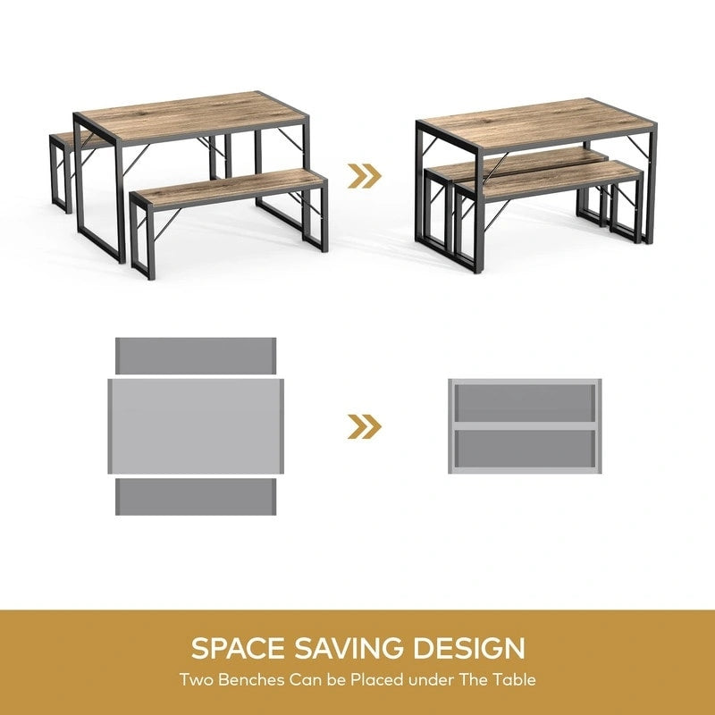 55Ensemble de table de salle à manger pour 4-6 personnes - Ensemble de table de salle à manger industrielle de 3 pièces avec 2 bancs pour la cuisine