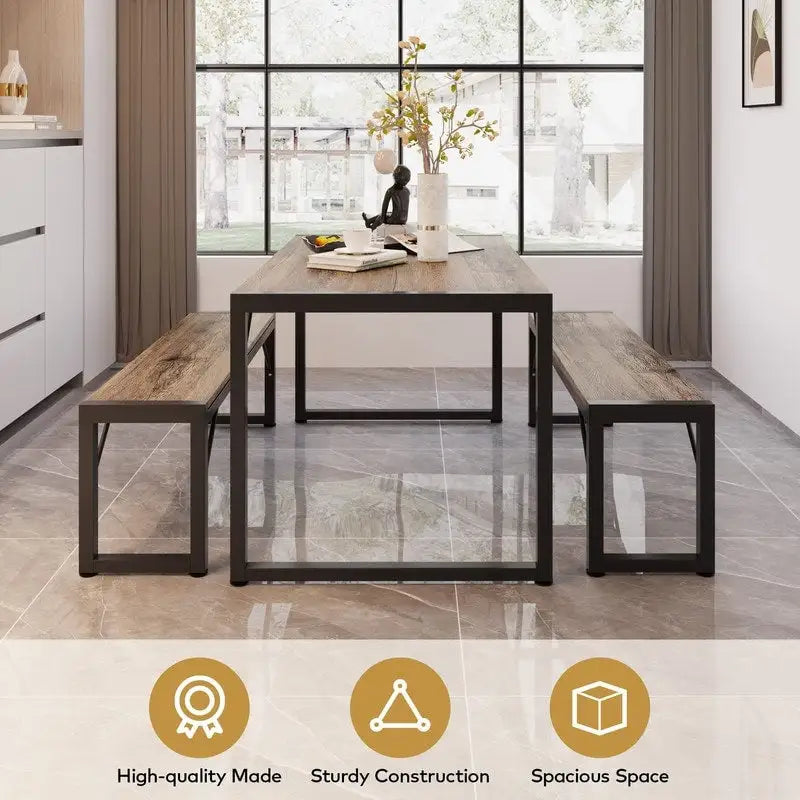 55Ensemble de table de salle à manger pour 4-6 personnes - Ensemble de table de salle à manger industrielle de 3 pièces avec 2 bancs pour la cuisine