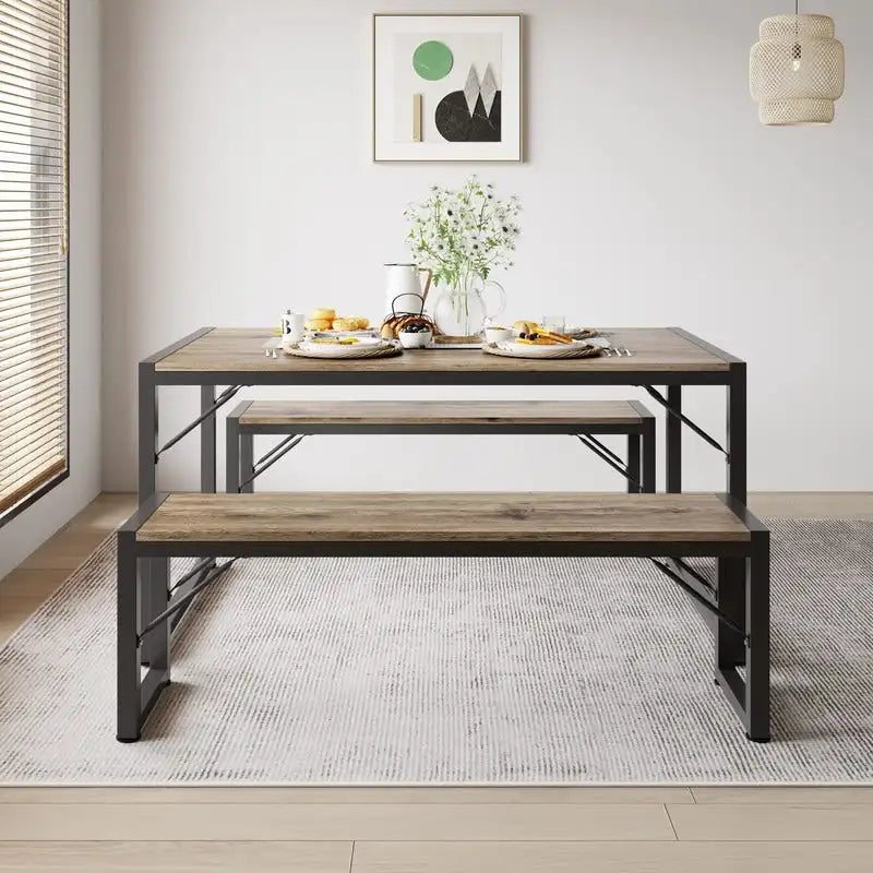 55Ensemble de table de salle à manger pour 4-6 personnes - Ensemble de table de salle à manger industrielle de 3 pièces avec 2 bancs pour la cuisine