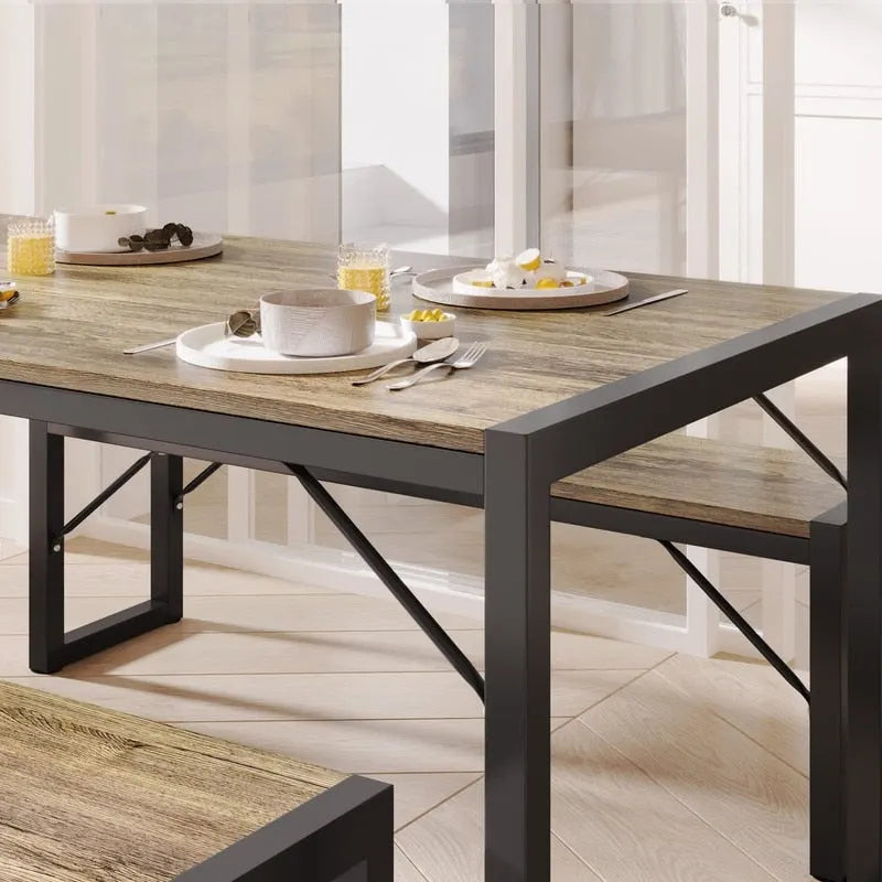 55Ensemble de table de salle à manger pour 4-6 personnes - Ensemble de table de salle à manger industrielle de 3 pièces avec 2 bancs pour la cuisine