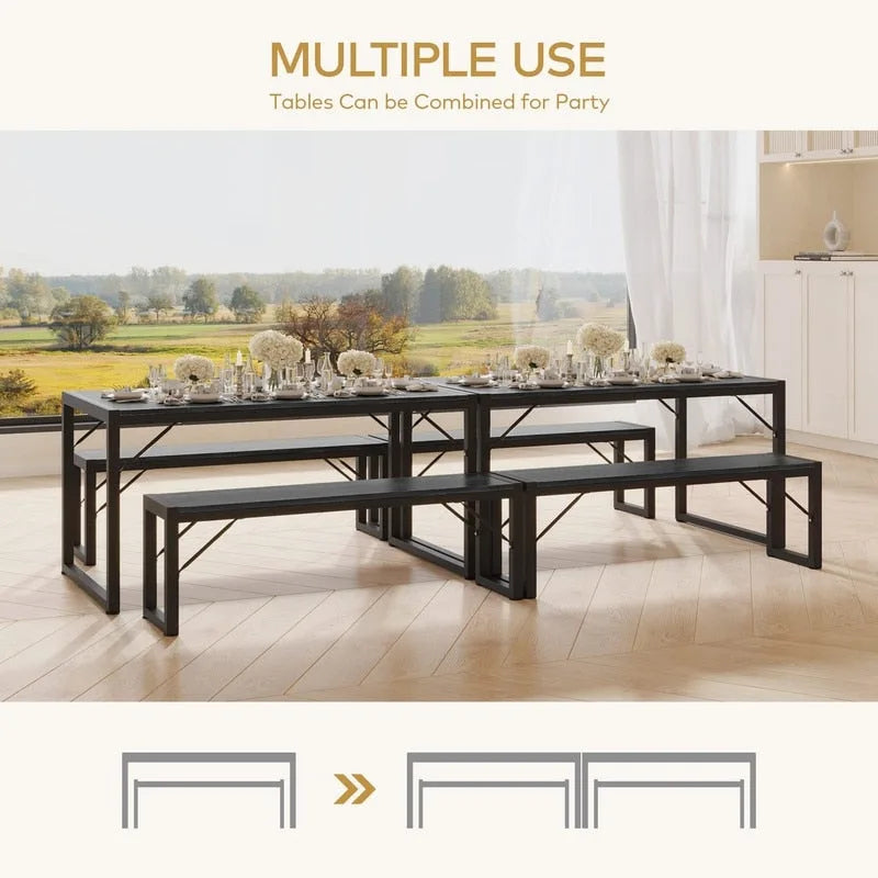 55Ensemble de table de salle à manger pour 4-6 personnes - Ensemble de table de salle à manger industrielle de 3 pièces avec 2 bancs pour la cuisine