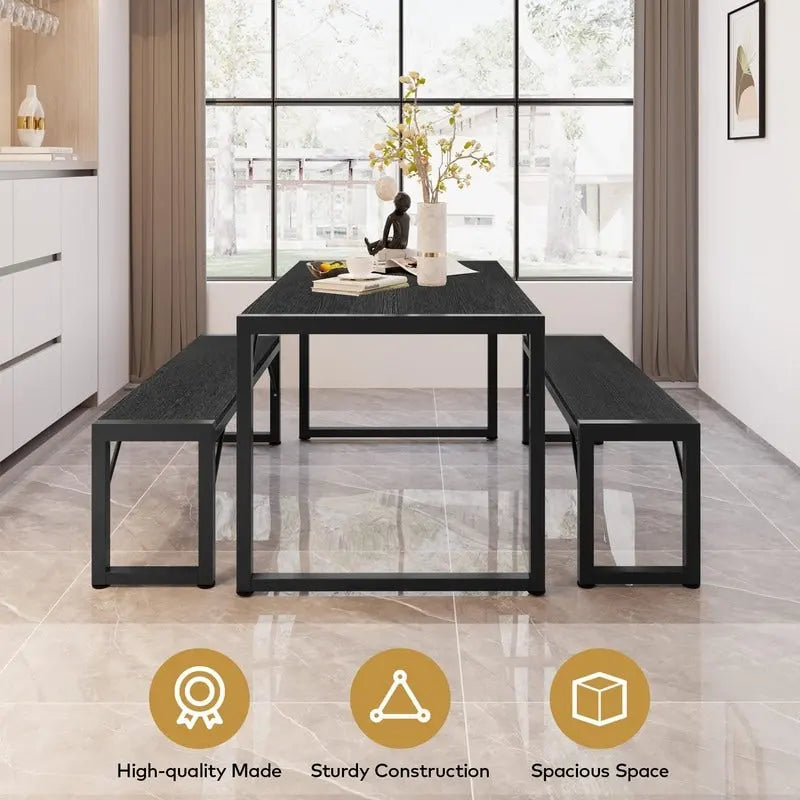 55Ensemble de table de salle à manger pour 4-6 personnes - Ensemble de table de salle à manger industrielle de 3 pièces avec 2 bancs pour la cuisine