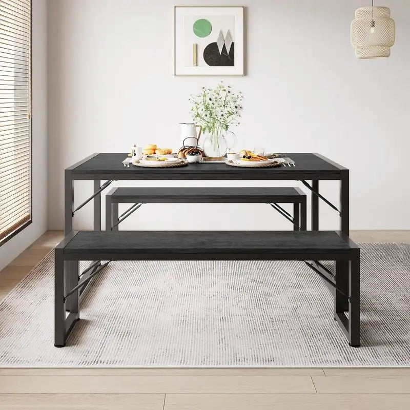 55Ensemble de table de salle à manger pour 4-6 personnes - Ensemble de table de salle à manger industrielle de 3 pièces avec 2 bancs pour la cuisine