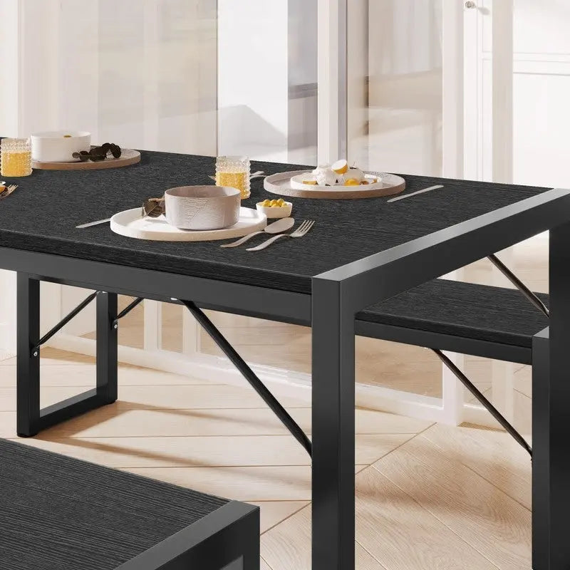 55Ensemble de table de salle à manger pour 4-6 personnes - Ensemble de table de salle à manger industrielle de 3 pièces avec 2 bancs pour la cuisine