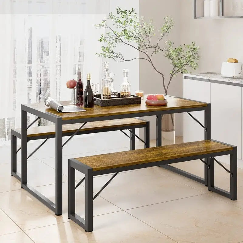 55Ensemble de table de salle à manger pour 4-6 personnes - Ensemble de table de salle à manger industrielle de 3 pièces avec 2 bancs pour la cuisine