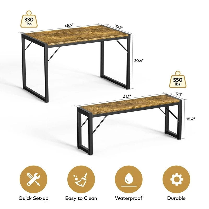 55Ensemble de table de salle à manger pour 4-6 personnes - Ensemble de table de salle à manger industrielle de 3 pièces avec 2 bancs pour la cuisine