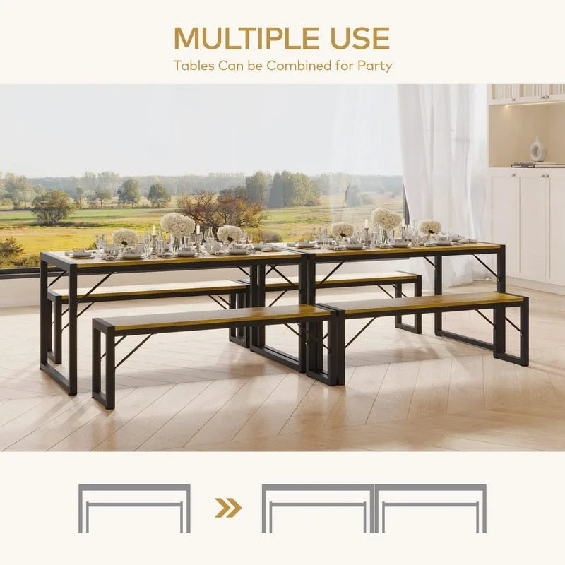 55Ensemble de table de salle à manger pour 4-6 personnes - Ensemble de table de salle à manger industrielle de 3 pièces avec 2 bancs pour la cuisine