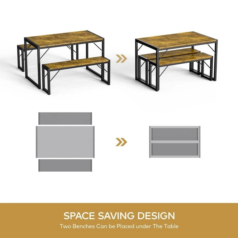 55Ensemble de table de salle à manger pour 4-6 personnes - Ensemble de table de salle à manger industrielle de 3 pièces avec 2 bancs pour la cuisine