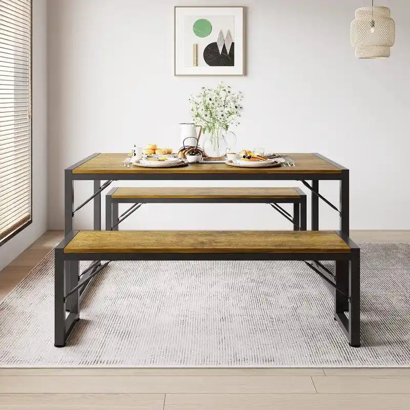 55Ensemble de table de salle à manger pour 4-6 personnes - Ensemble de table de salle à manger industrielle de 3 pièces avec 2 bancs pour la cuisine