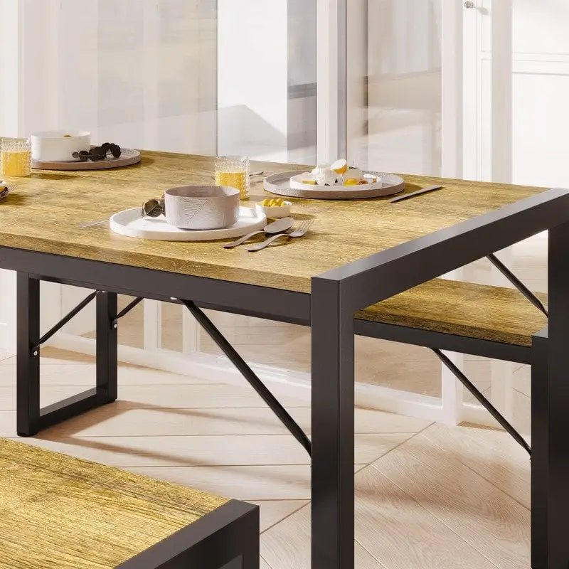 55Ensemble de table de salle à manger pour 4-6 personnes - Ensemble de table de salle à manger industrielle de 3 pièces avec 2 bancs pour la cuisine