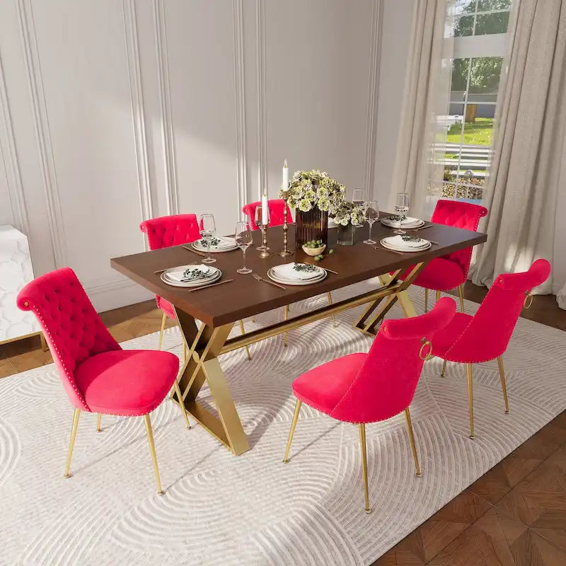 Table à manger 7 pièces en bois de noyer Clihome avec chaises de salle à manger en velours
