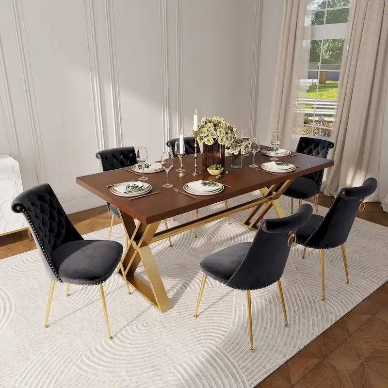 Table à manger 7 pièces en bois de noyer Clihome avec chaises de salle à manger en velours