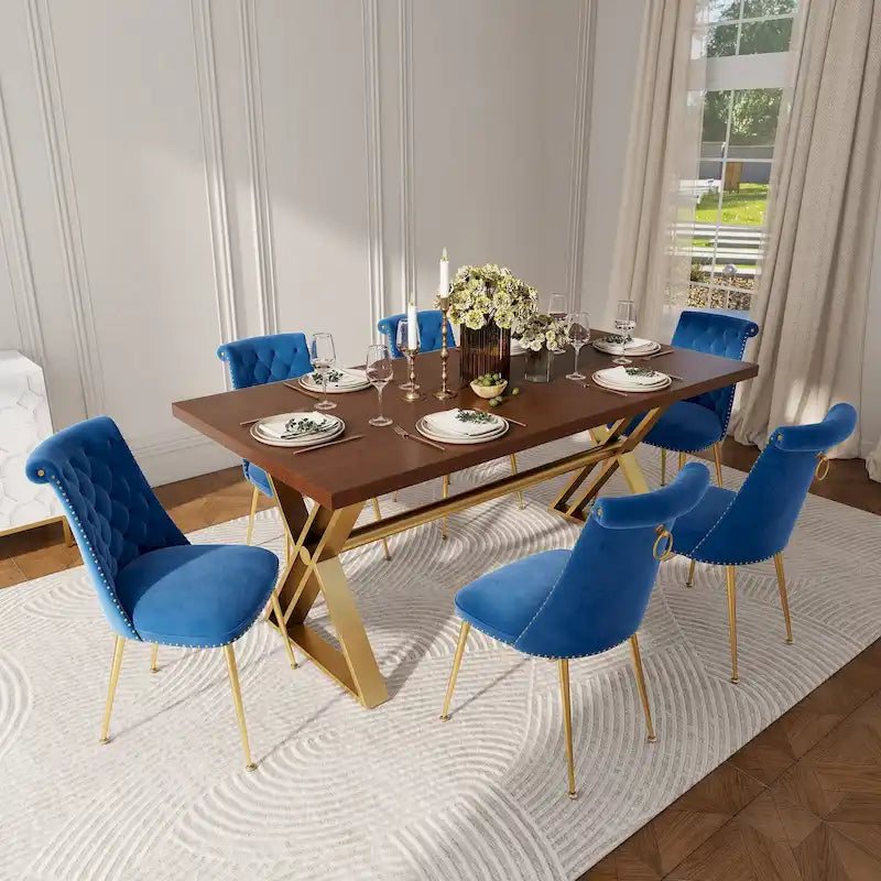 Table à manger 7 pièces en bois de noyer Clihome avec chaises de salle à manger en velours