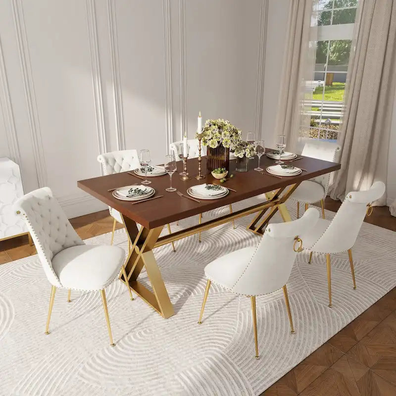 Table à manger 7 pièces en bois de noyer Clihome avec chaises de salle à manger en velours