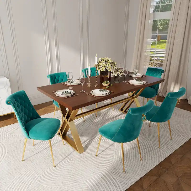 Table à manger 7 pièces en bois de noyer Clihome avec chaises de salle à manger en velours