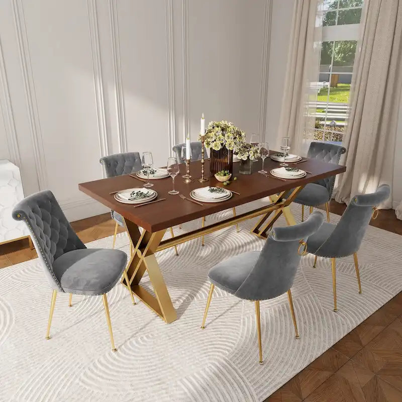 Table à manger 7 pièces en bois de noyer Clihome avec chaises de salle à manger en velours