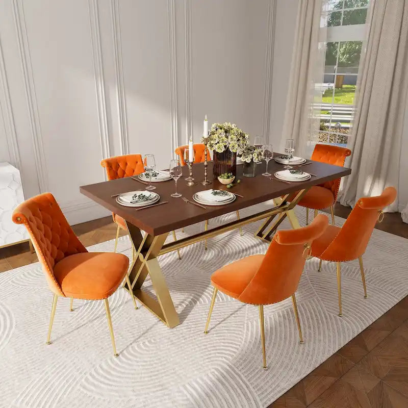 Table à manger 7 pièces en bois de noyer Clihome avec chaises de salle à manger en velours