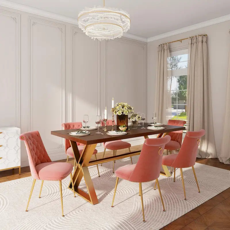 Table à manger 7 pièces en bois de noyer Clihome avec chaises de salle à manger en velours
