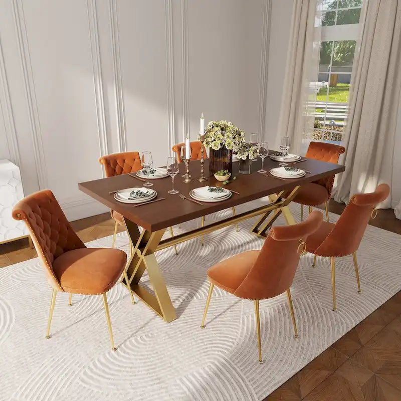 Table à manger 7 pièces en bois de noyer Clihome avec chaises de salle à manger en velours