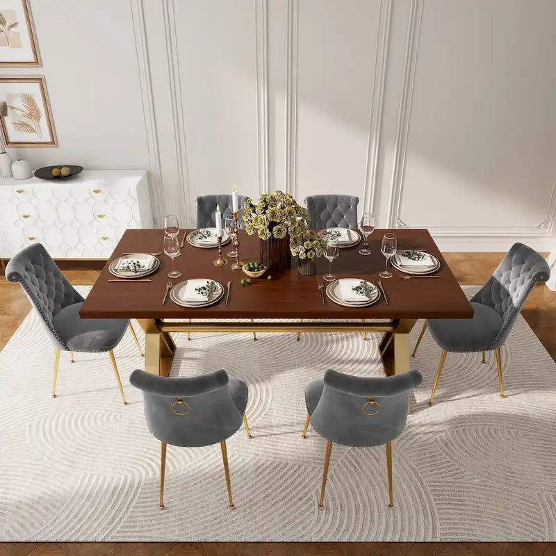 Table à manger 7 pièces en bois de noyer Clihome avec chaises de salle à manger en velours