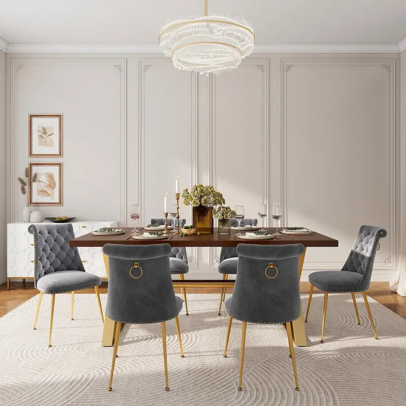Table à manger 7 pièces en bois de noyer Clihome avec chaises de salle à manger en velours