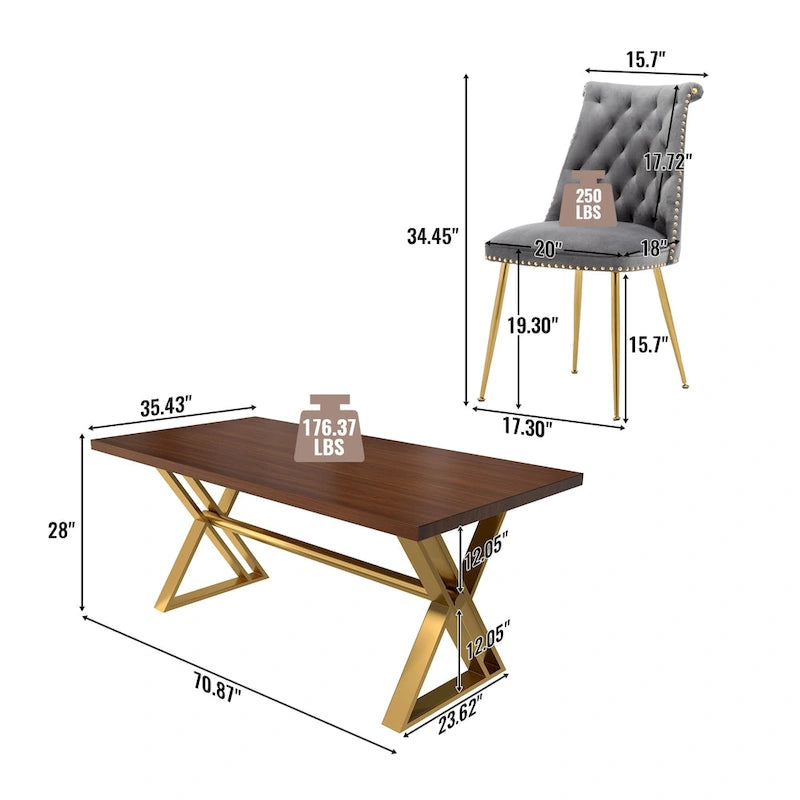 Table à manger 7 pièces en bois de noyer Clihome avec chaises de salle à manger en velours
