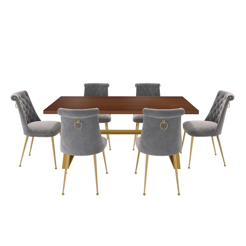 Table à manger 7 pièces en bois de noyer Clihome avec chaises de salle à manger en velours