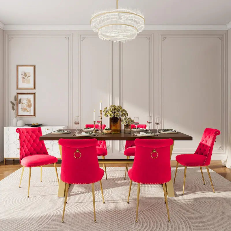 Table à manger 7 pièces en bois de noyer Clihome avec chaises de salle à manger en velours