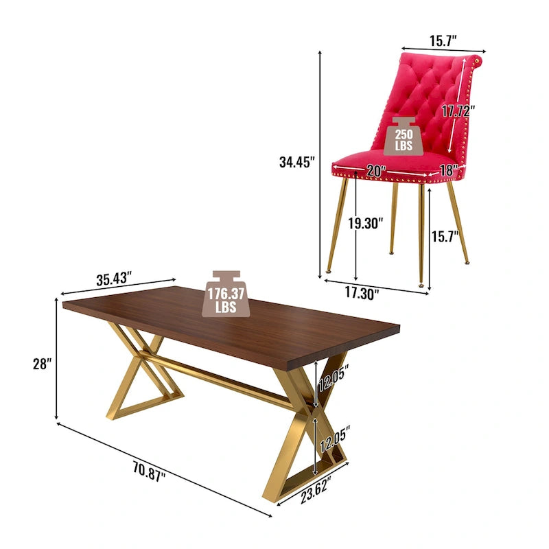 Table à manger 7 pièces en bois de noyer Clihome avec chaises de salle à manger en velours