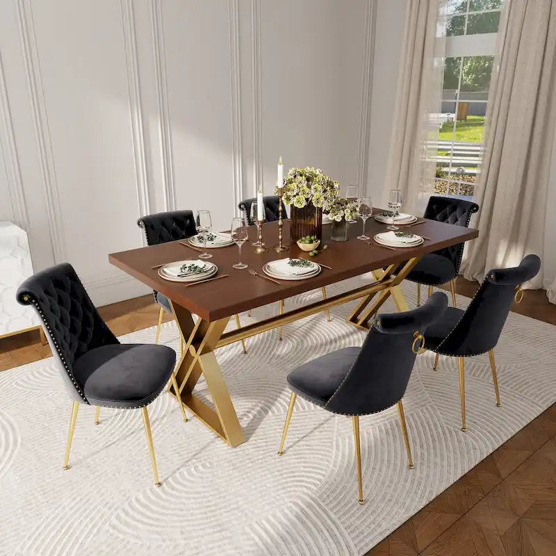Table à manger 7 pièces en bois de noyer Clihome avec chaises de salle à manger en velours