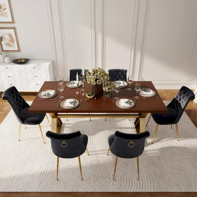 Table à manger 7 pièces en bois de noyer Clihome avec chaises de salle à manger en velours
