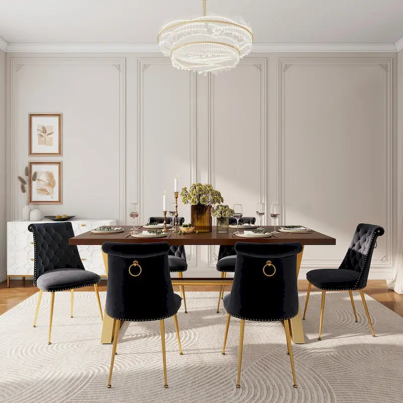 Table à manger 7 pièces en bois de noyer Clihome avec chaises de salle à manger en velours