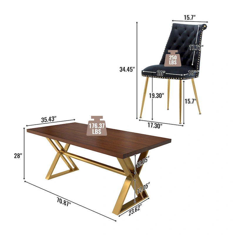 Table à manger 7 pièces en bois de noyer Clihome avec chaises de salle à manger en velours