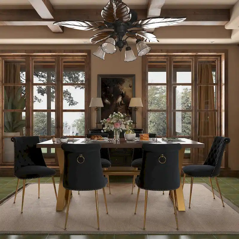 Table à manger 7 pièces en bois de noyer Clihome avec chaises de salle à manger en velours