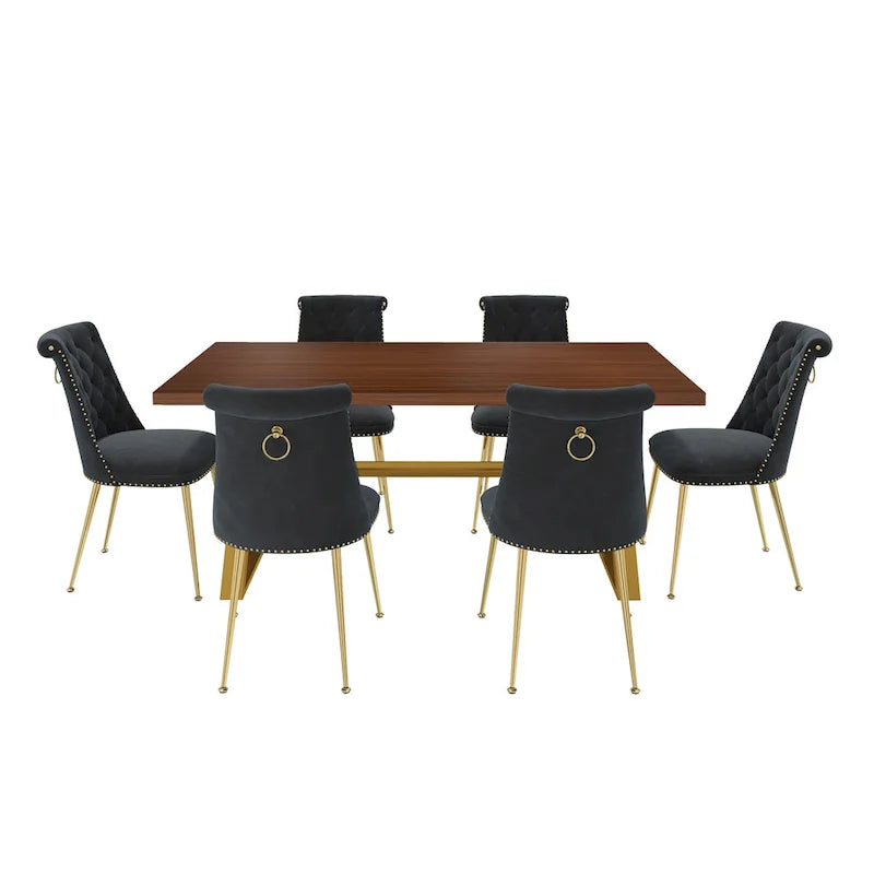 Table à manger 7 pièces en bois de noyer Clihome avec chaises de salle à manger en velours