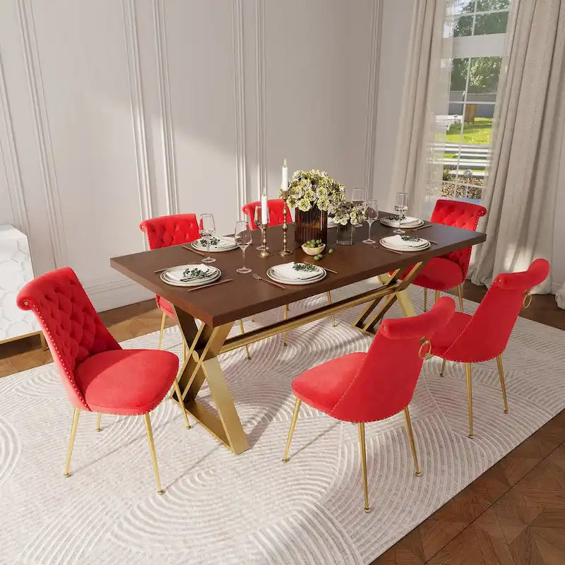 Table à manger 7 pièces en bois de noyer Clihome avec chaises de salle à manger en velours