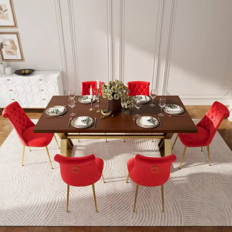 Table à manger 7 pièces en bois de noyer Clihome avec chaises de salle à manger en velours