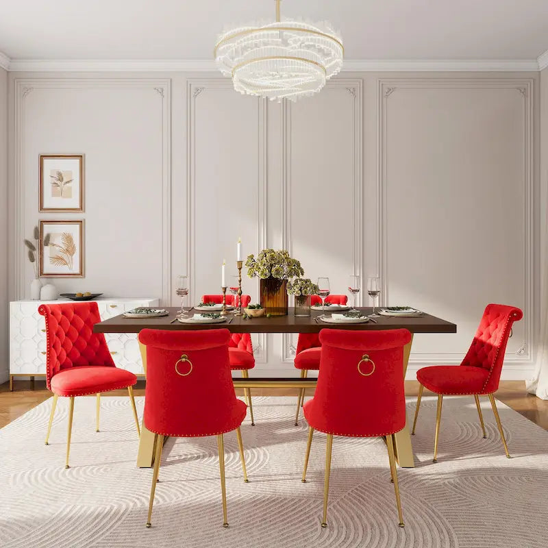 Table à manger 7 pièces en bois de noyer Clihome avec chaises de salle à manger en velours