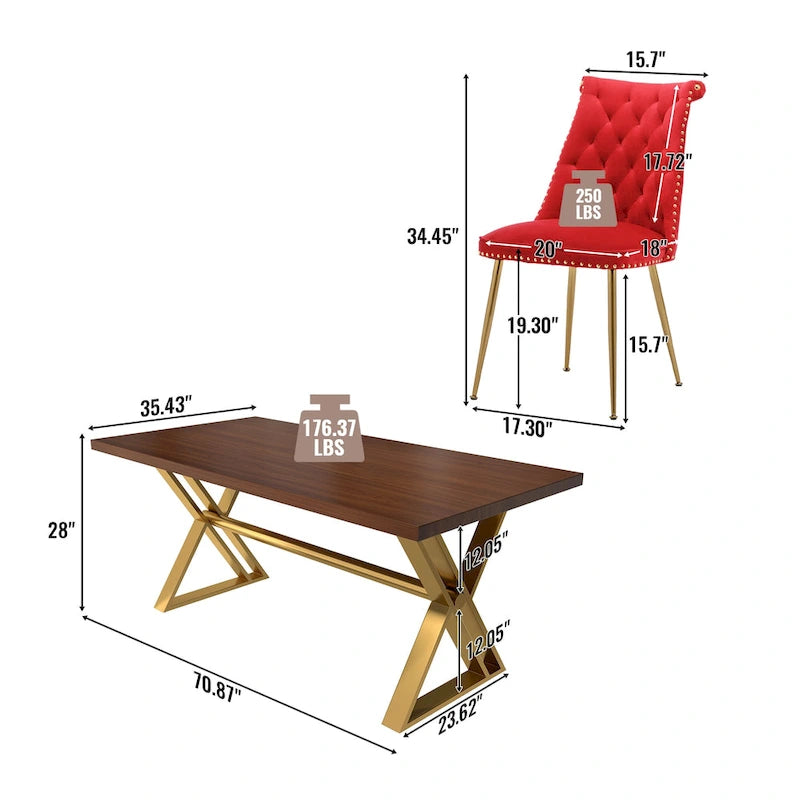 Table à manger 7 pièces en bois de noyer Clihome avec chaises de salle à manger en velours