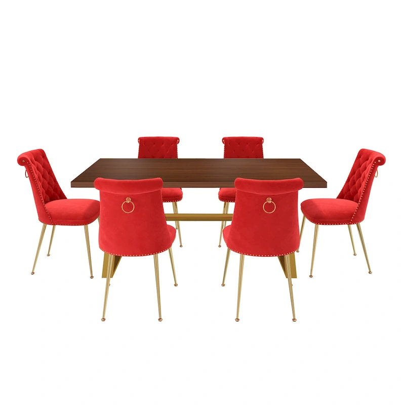 Table à manger 7 pièces en bois de noyer Clihome avec chaises de salle à manger en velours