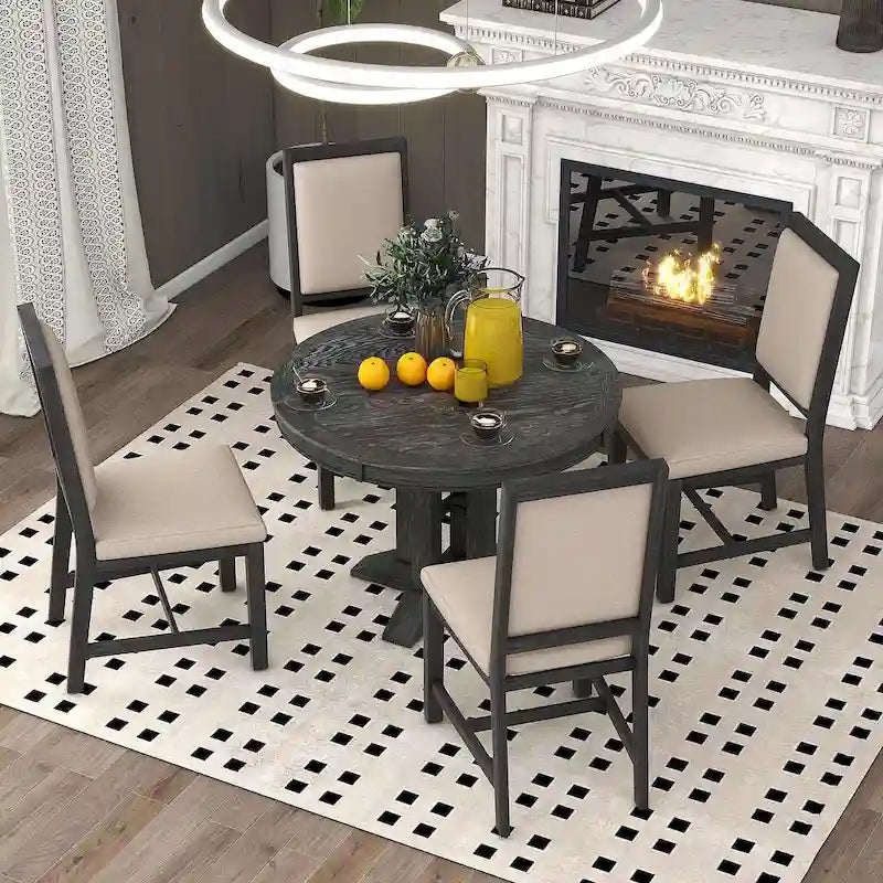 Table ronde escamotable de style campagnard avec 4 chaises rembourrées