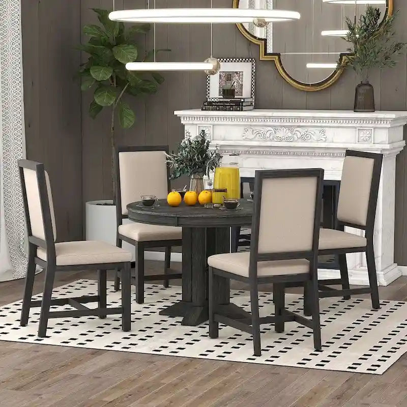 Table ronde escamotable de style campagnard avec 4 chaises rembourrées