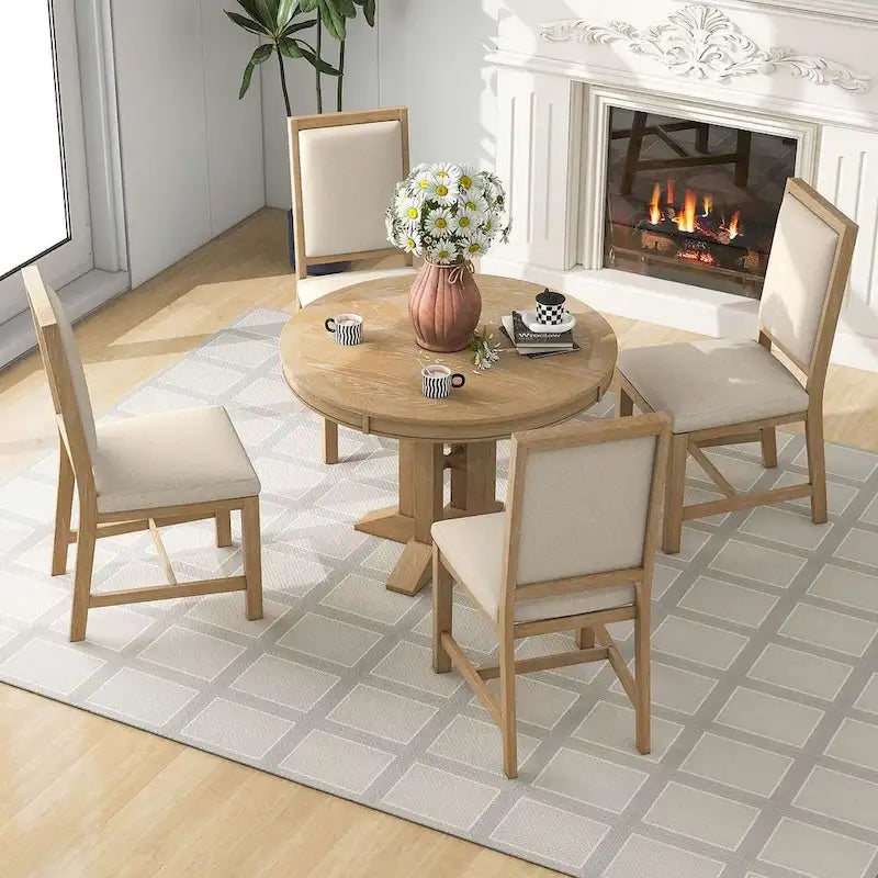 Table ronde escamotable de style campagnard avec 4 chaises rembourrées