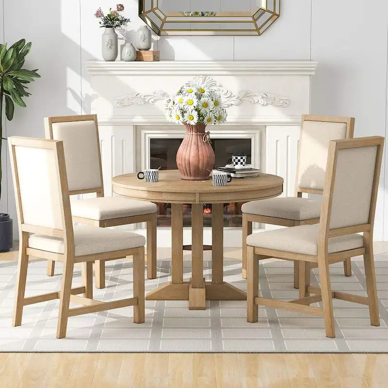 Table ronde escamotable de style campagnard avec 4 chaises rembourrées