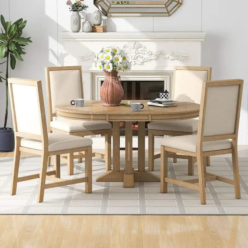 Table ronde escamotable de style campagnard avec 4 chaises rembourrées