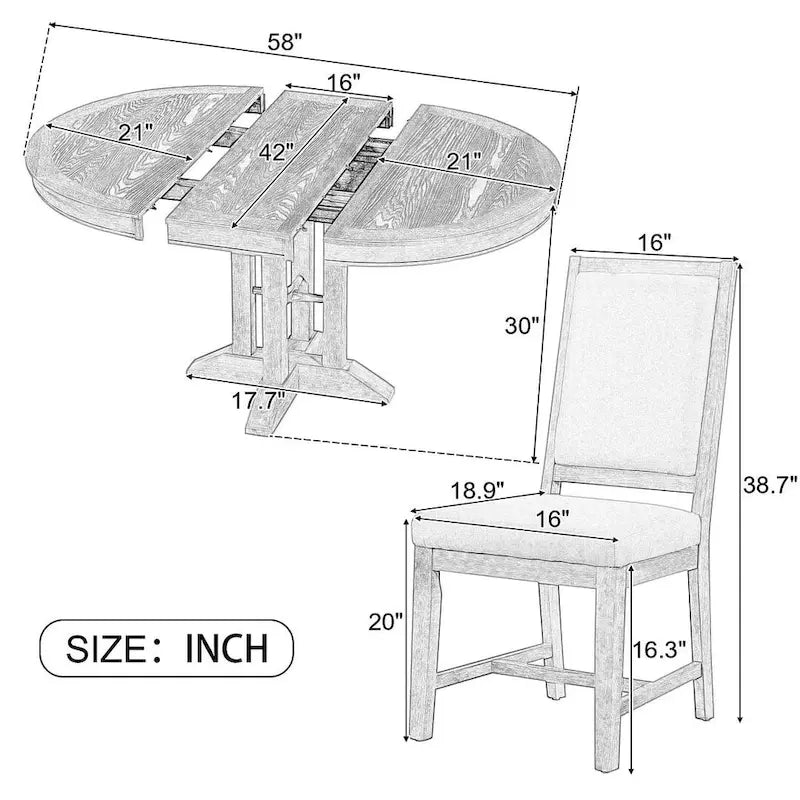 Table ronde escamotable de style campagnard avec 4 chaises rembourrées