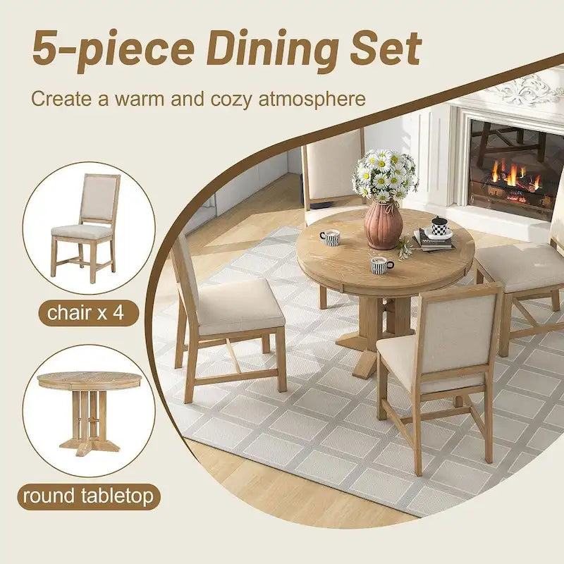 Table ronde escamotable de style campagnard avec 4 chaises rembourrées