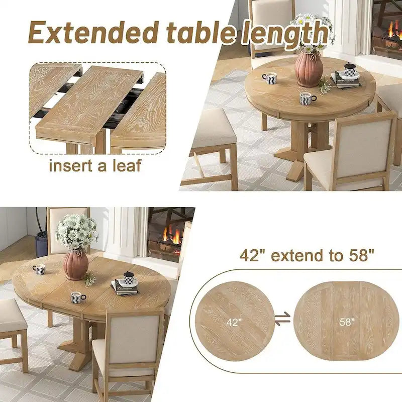 Table ronde escamotable de style campagnard avec 4 chaises rembourrées