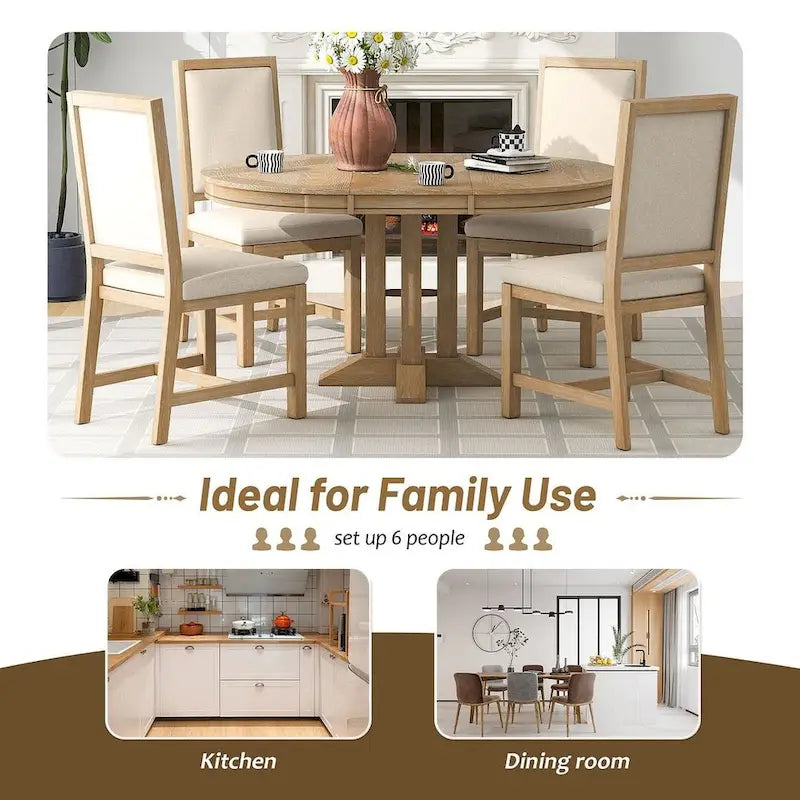Table ronde escamotable de style campagnard avec 4 chaises rembourrées